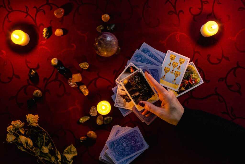 Tarot card reading setup with tarot card spreads